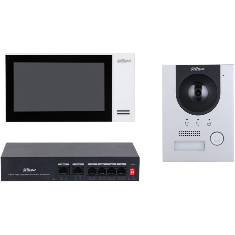 Dahua IP video intercom set, 2 MP, 7" TFT touch screen, IP65, IK07, surface-mounted - DHI-KTP01L(S)/DHI-VTO2201F-P-S2/DHI-VTH242