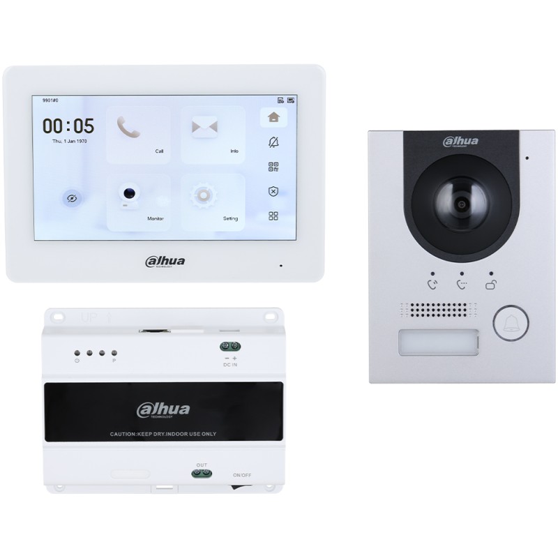 Dahua 2-wire video intercom set, 2 MP, 7" TFT touch screen, IP65, IK07, surface-mounted - DHI-KTD01L(S)/DHI-VTO2202F-P-S3/DHI-VT