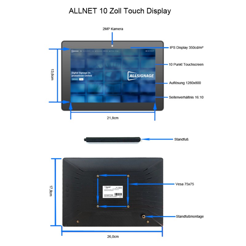 ALLNET Touch Display Tablet 10 Zoll PoE mit 8GB/64GB, RK3568 Android 15,PrimeOne-100