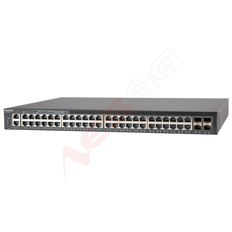 CommScope RUCKUS ICX8200-48P Switch, 48x10/100/1000 Mbps PoE+ ports, 4x25 GbE SFP28 stacking/uplink-ports, 370 W PoE budget Ruck