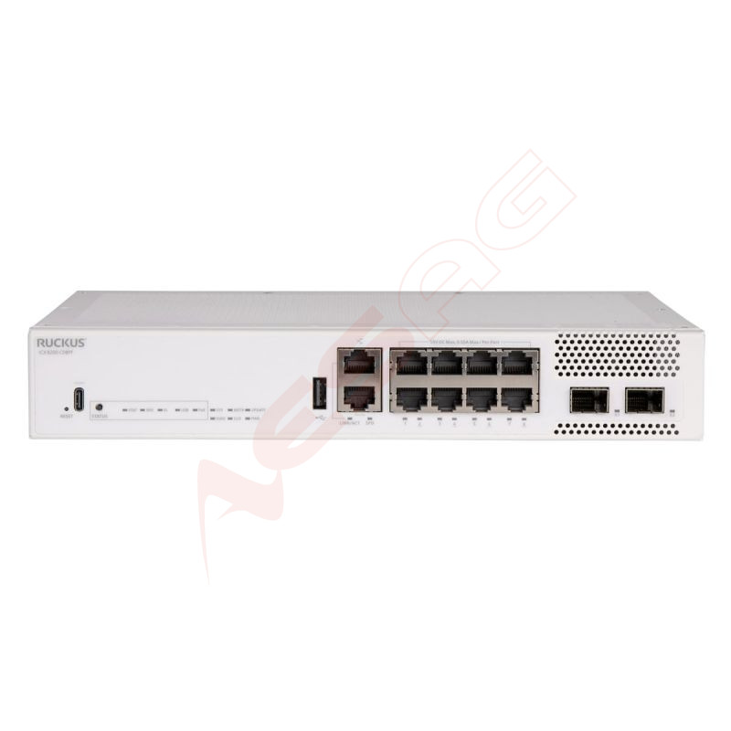 CommScope RUCKUS ICX8200-C08PF Compact Switch, 8x10/100/1000 Mbps PoE+ ports, 2x10 GbE SFP+ stacking/uplink-ports, 124W PoE budg