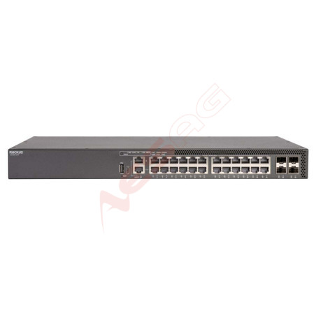CommScope RUCKUS ICX8200-24P Switch, 24x10/100/1000 Mbps PoE+ ports, 4x25 GbE SFP28 stacking/uplink-ports, 370W PoE Ruckus Netwo