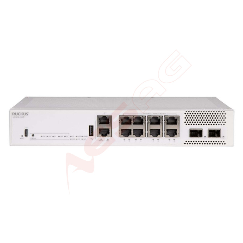 CommScope RUCKUS ICX8200-C08PF Compact Switch, 8x10/100/1000 Mbps PoE+ ports, 2x10 GbE SFP+ stacking/uplink-ports, 124W PoE budg
