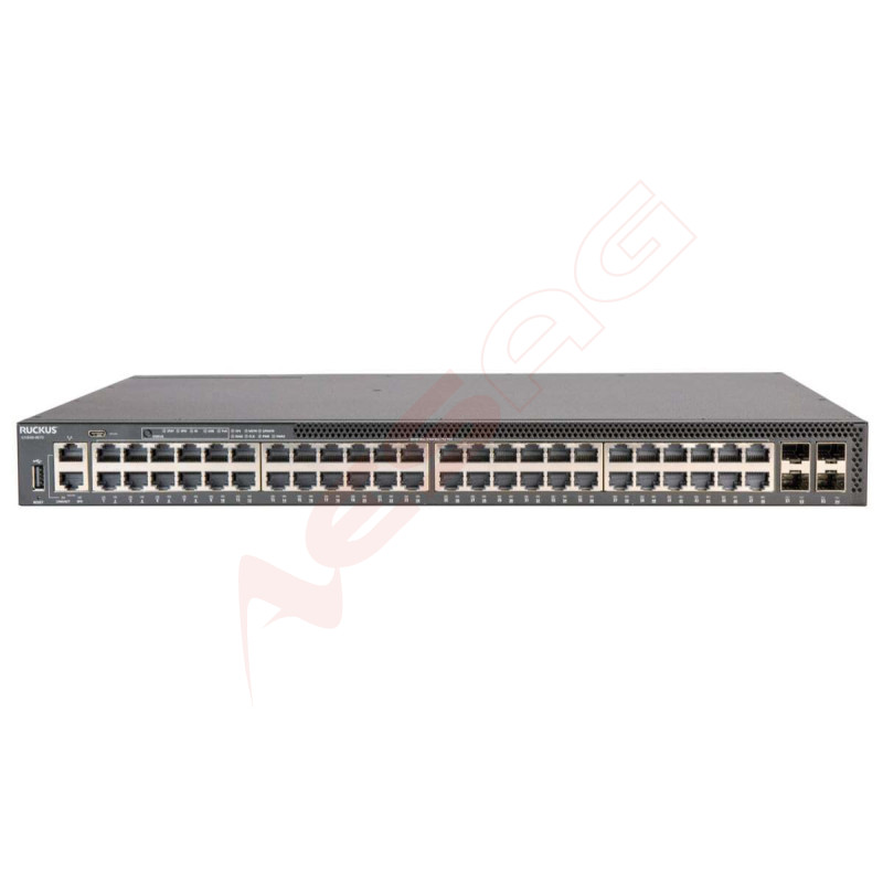CommScope RUCKUS ICX8200-48PF2-E Switch, 48x10/100/1000 Mbps PoE+ ports, 4x25 GbE SFP28 stacking/uplink-ports, 740 W PoE budget 
