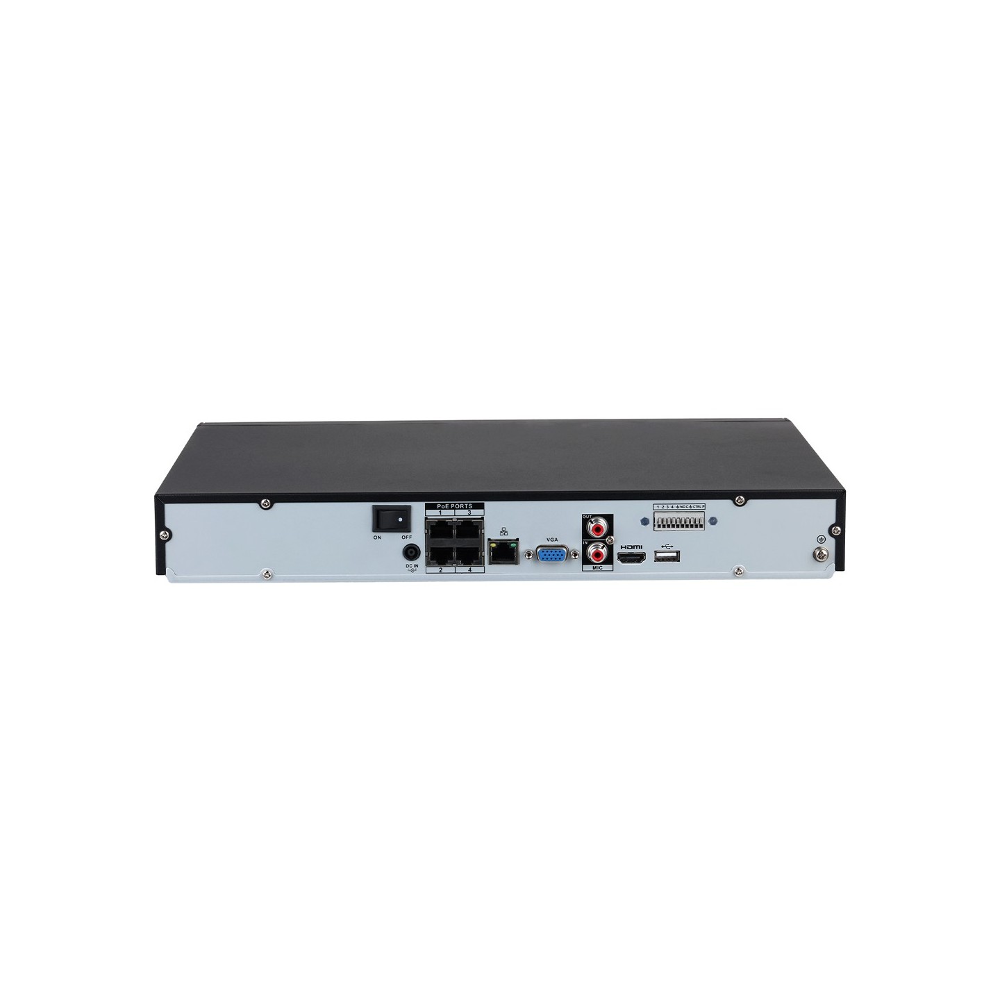 IP-PoE-Rekorder, 4 Kanäle IP, 4 Kanäle PoE, 2x SATA à 20 TB, 1U, schwarz